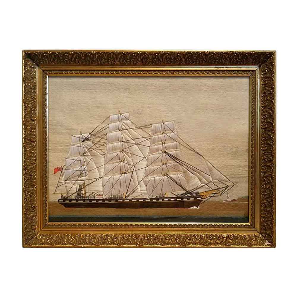beautifully executed woolwork, which frequently is referred to as a woolly. It portrays a British Royal Navy 3 Masted Clipper Ship or Barque.