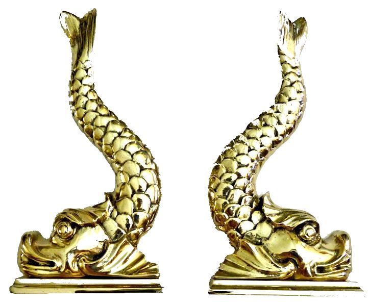 Antique British Twin Brass Dolphins shown side by side