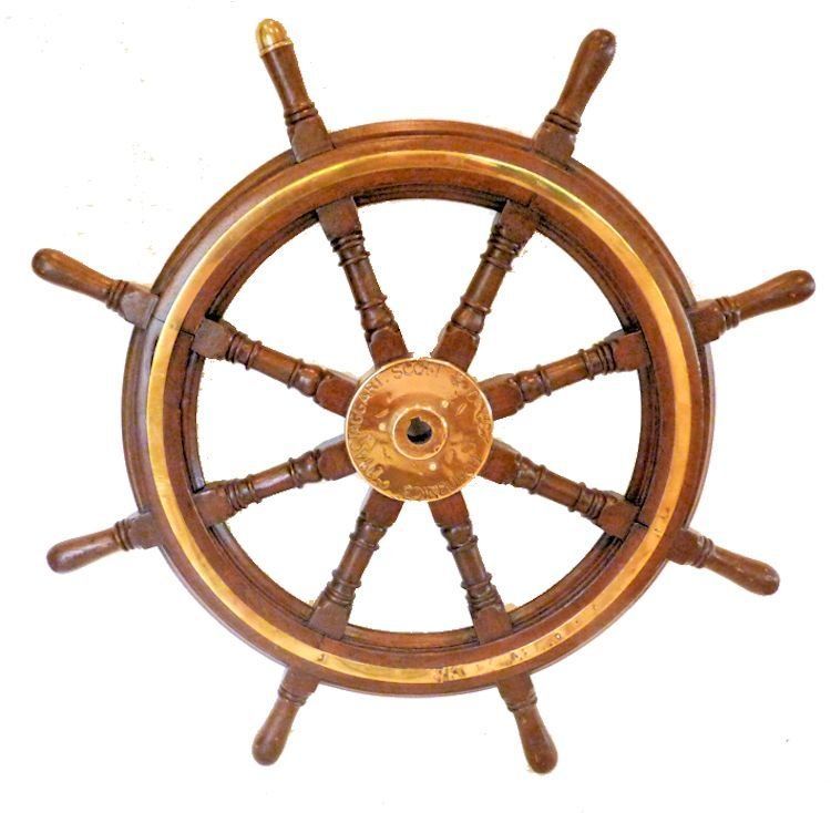 Royal Navy Mahogany and Brass Steering Wheel image'border=