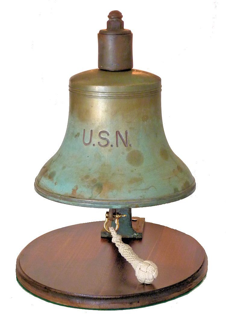 Front of unusual US Navy WW I bell with rich haze grey and green patina image