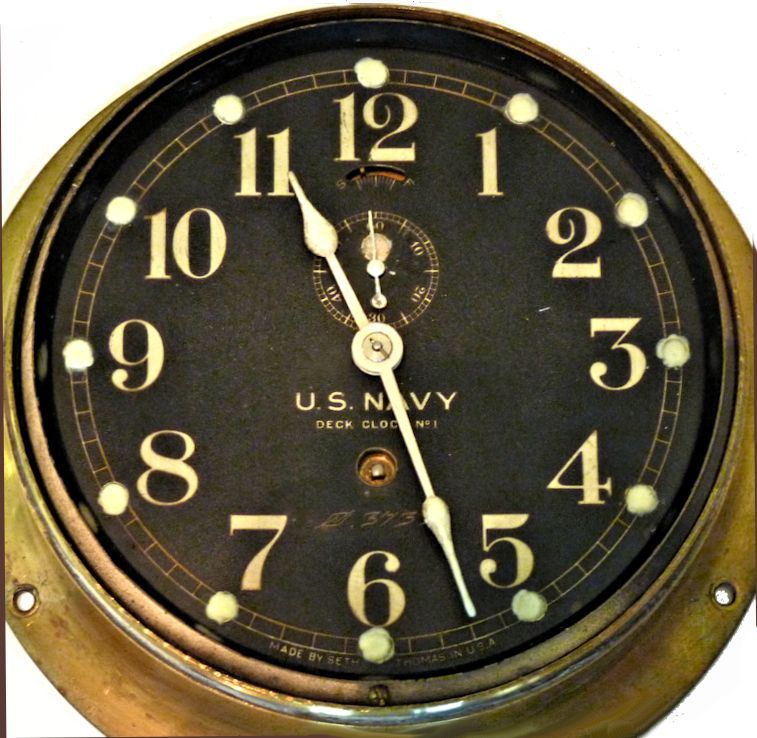 Face of early US Navy brass bulkhead clock image