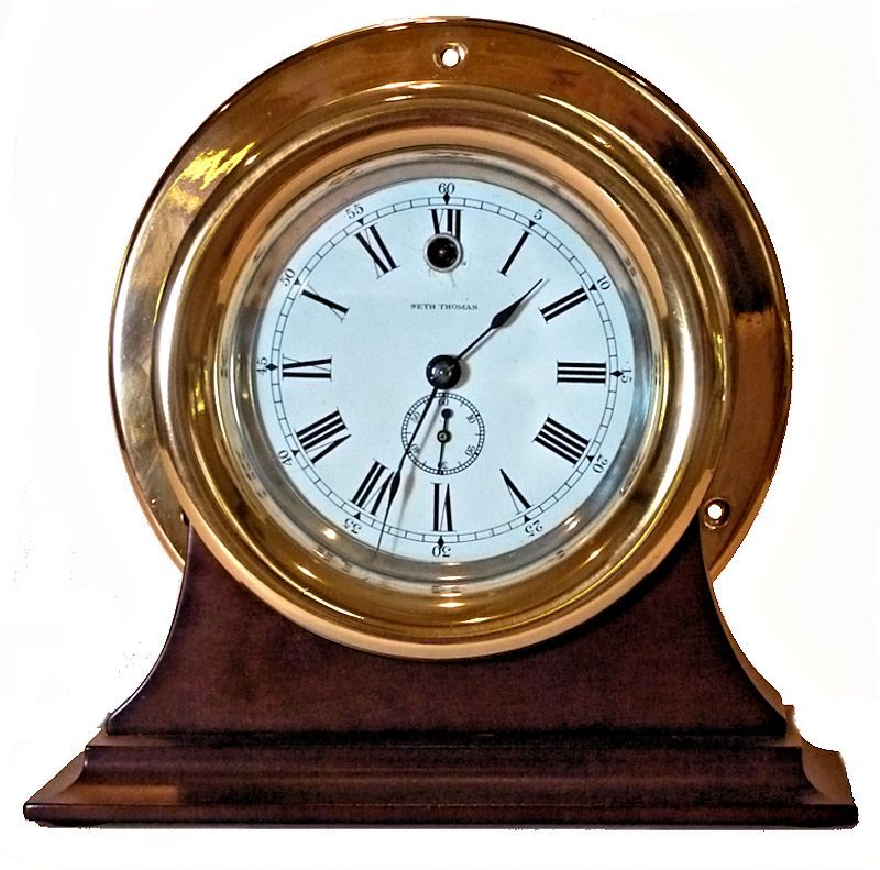 Rare Seth Thomas Side Wind Ships Clock in brass case on stand image