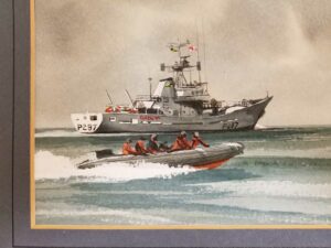 watercolor painting by UK artist Tony Warren (1930-1994) of the Royal Navy HMS Guernsey patrol vessel