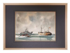 watercolor painting by UK artist Tony Warren (1930-1994) of the Royal Navy HMS Guernsey patrol vessel