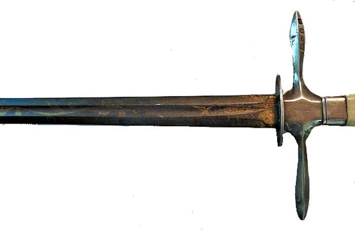 English Sterling Silver dirk;s blade toward hilt, reverse image