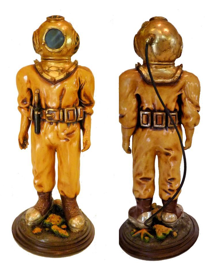 Hard hat diver statue showing back and front image